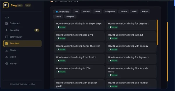 Blog Title Generator में How To, SEO, Review, Comparison और Guide title templates
