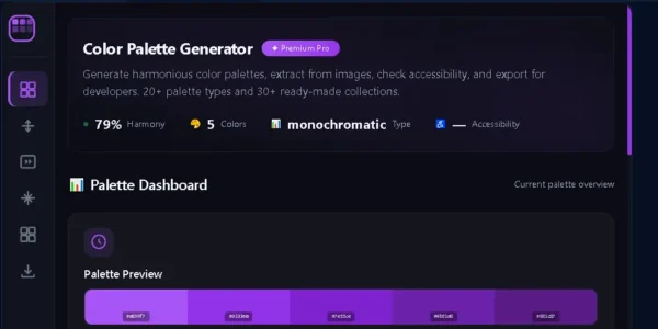 Color Palette Generator dashboard में palette preview harmony score और color information