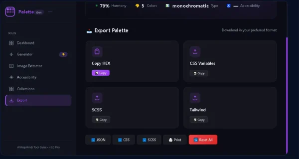 Color Palette Generator में HEX CSS SCSS Tailwind और JSON export options