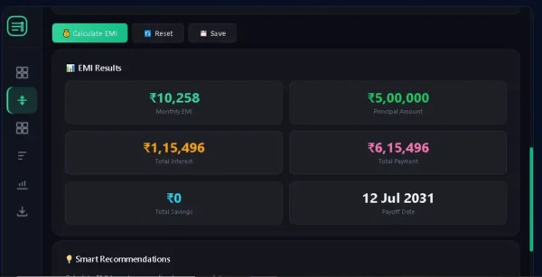 EMI Calculator results में monthly EMI principal total interest और total payment