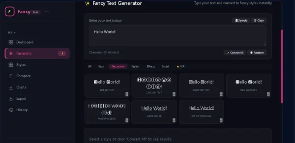 Fancy Text Generator में Bubble Circled Squared और Decorative text styles