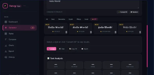 Fancy Text Generator में VIP Gold Glow Diamond Royal styles और text analysis