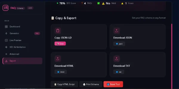 FAQ Schema Generator में JSON-LD HTML और TXT export options