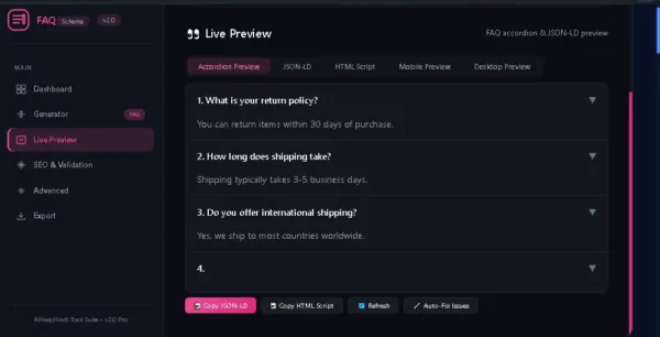 FAQ Schema Generator का Live Preview और FAQ accordion view