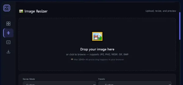 Free Online Image Resizer Tool में image upload और resize panel