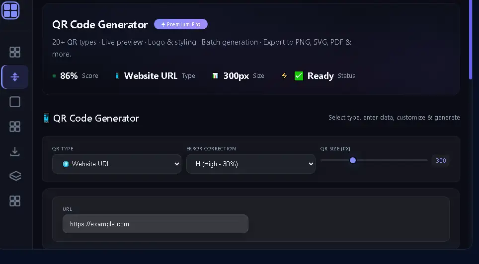 Free Online QR Code Generator में QR type URL error correction और size settings