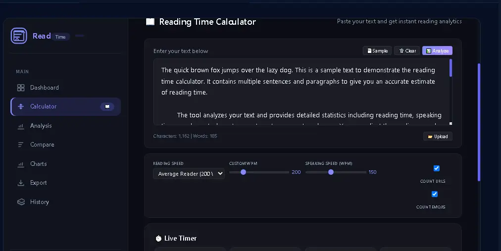 Free Online Reading Time Calculator में article text और reading speed settings