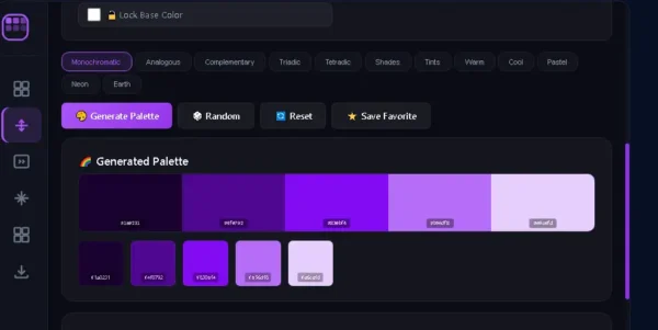 Color Palette Generator से generated harmonious color palette और HEX color codes