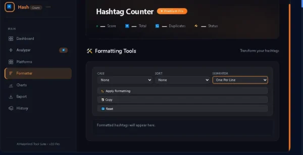 Hashtag Counter Formatting Tools में case sort और separator options