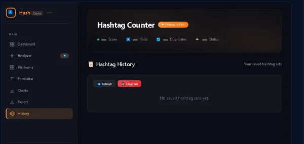 Hashtag Counter में saved hashtag sets की History