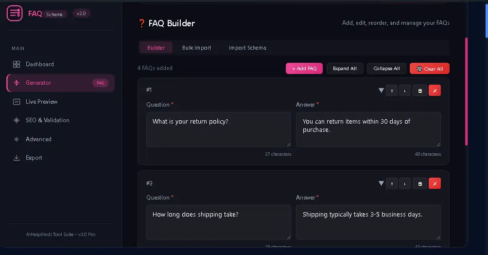 Online FAQ Schema Generator में Question Answer FAQ Builder