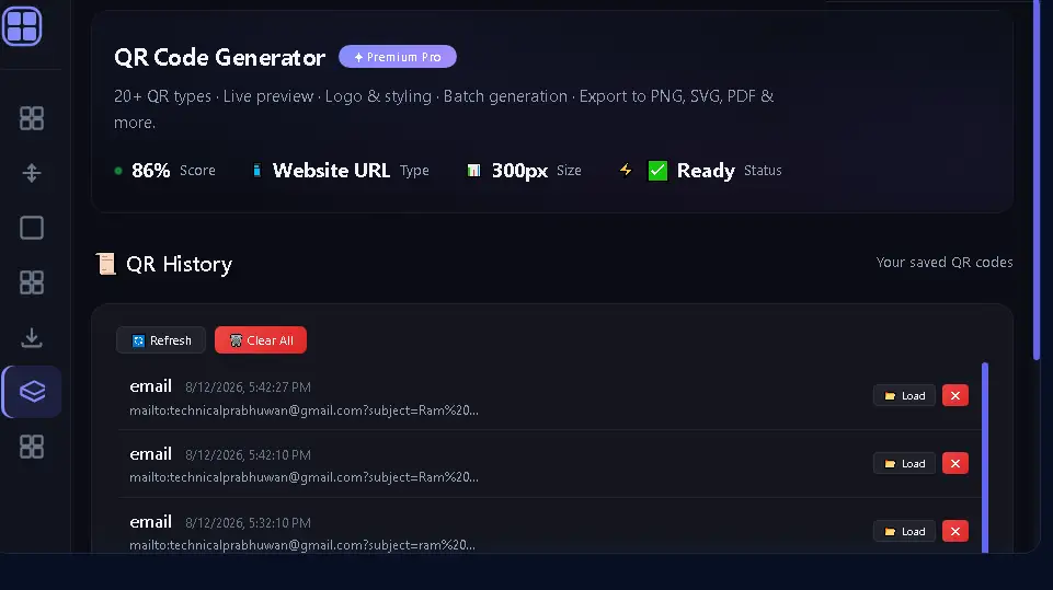 QR Code Generator में saved QR code history और load options