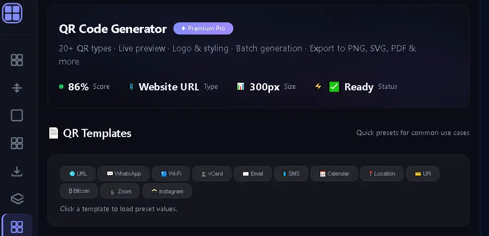 QR Code Generator में URL WhatsApp Wi-Fi और vCard templates