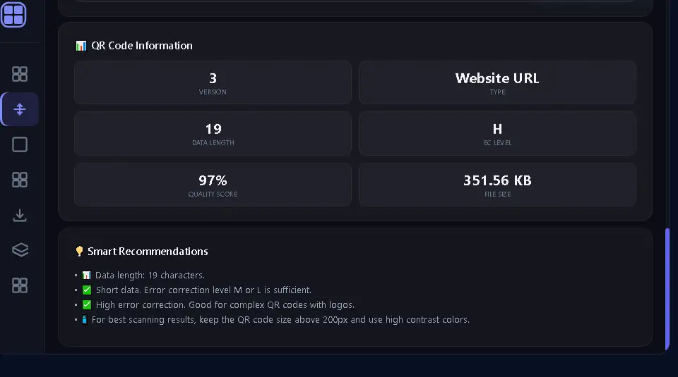 QR Code Generator में QR version quality score और smart recommendations