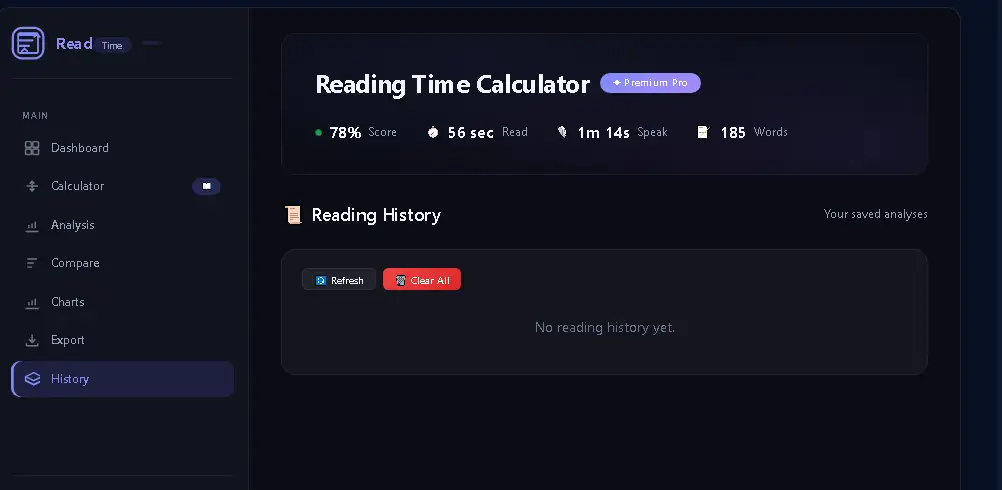 Reading Time Calculator में saved reading analysis history