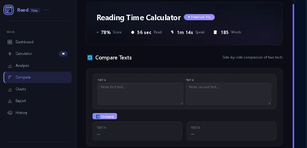 Reading Time Calculator में दो texts को side by side compare करने का tool