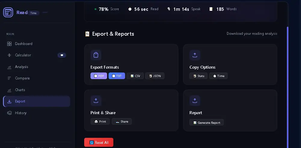 Reading Time Calculator में PDF TXT CSV JSON export और report options