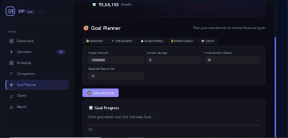 SIP Calculator Goal Planner में target amount और financial goal planning settings