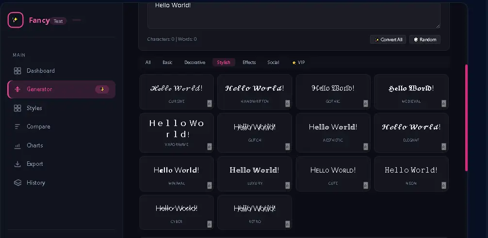 Stylish Text Generator में Cursive Gothic Aesthetic Glitch और Retro text styles