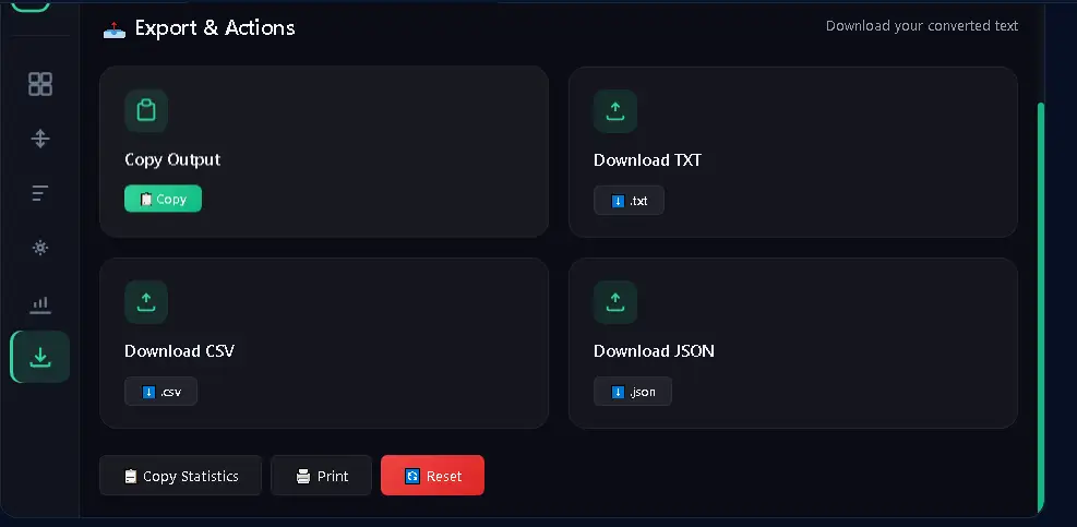 Text Case Converter में TXT CSV JSON और Copy Output export options