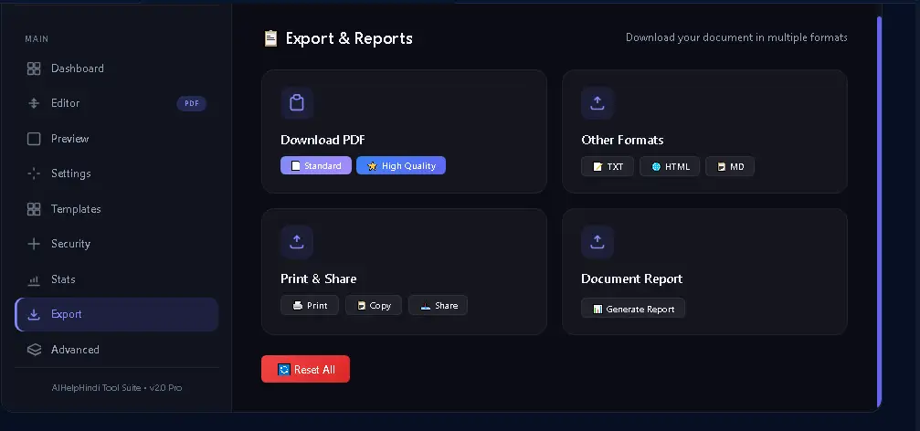 Text to PDF Converter का Export and Reports Section