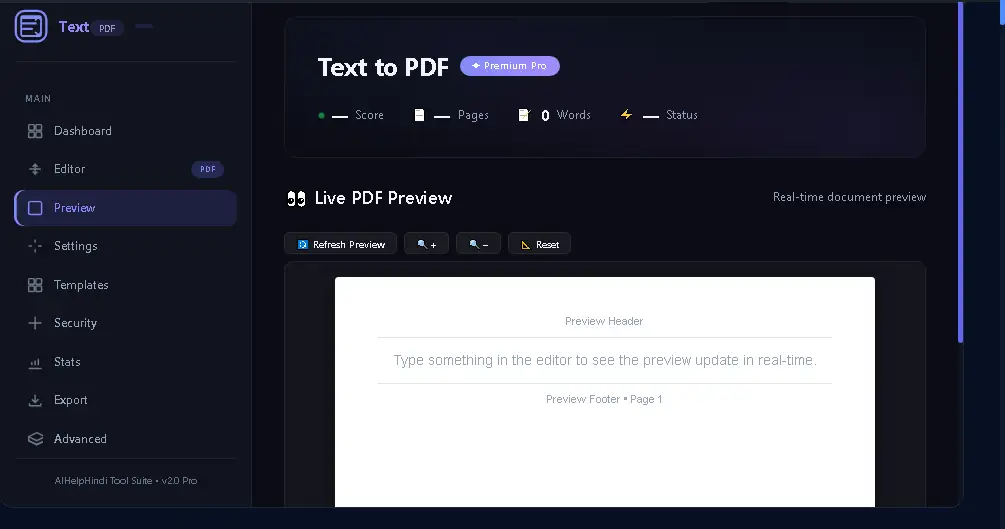 Text to PDF Converter का Live PDF Preview