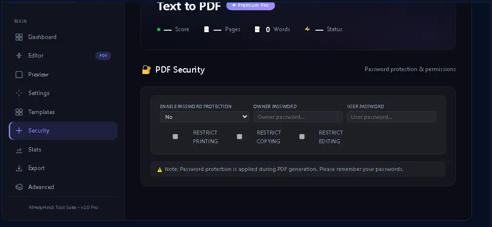 Text to PDF Converter में PDF Password Protection और Security Settings
