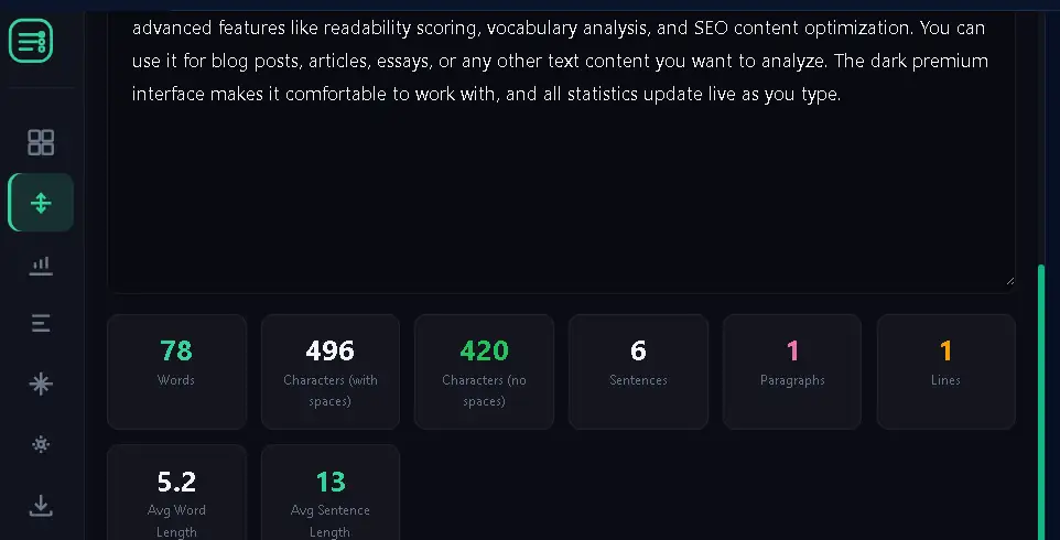 Word and Character Counter में Live Statistics Grid