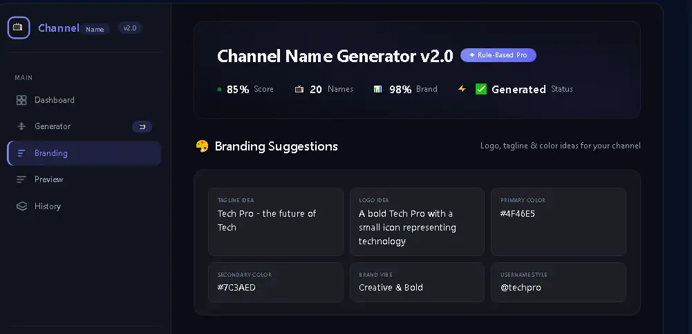 YouTube Channel Name Generator में branding suggestions logo tagline और brand colors