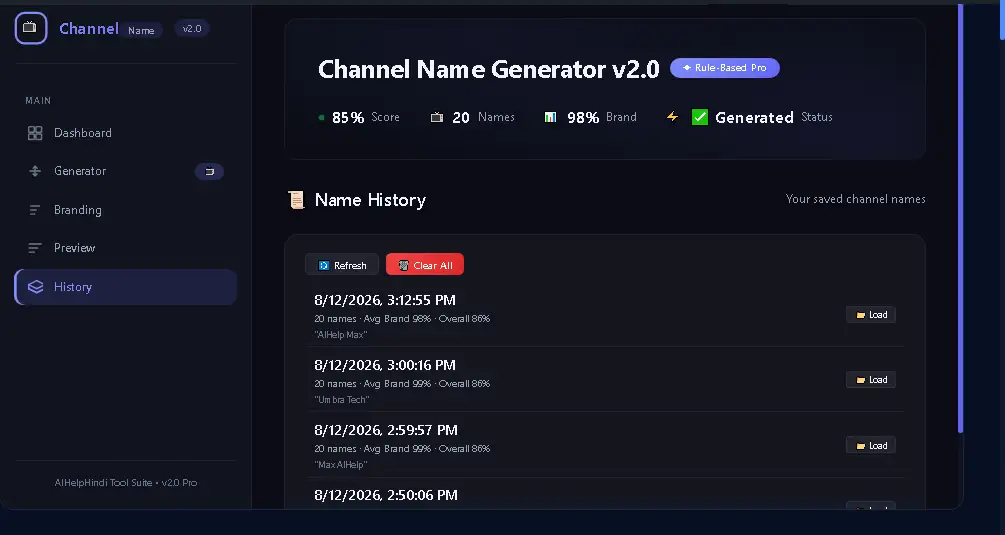YouTube Channel Name Generator में saved channel names की history