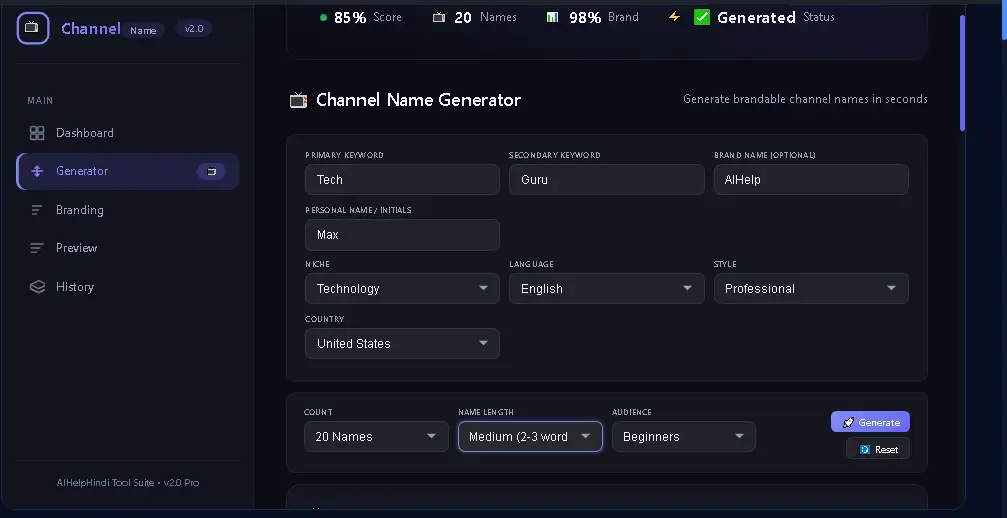 YouTube Channel Name Generator में keywords niche language और style चुनने का interface
