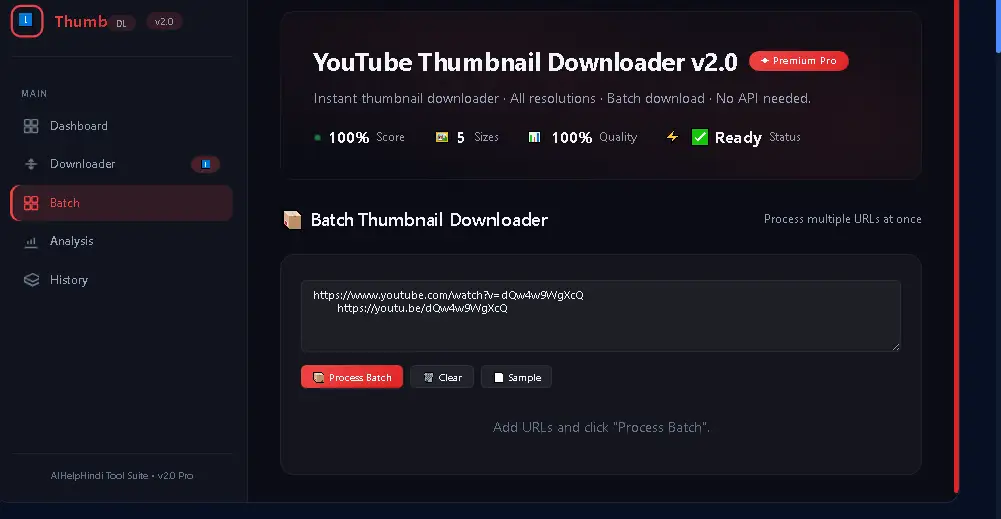 YouTube Thumbnail Batch Downloader में Multiple Video URLs Process