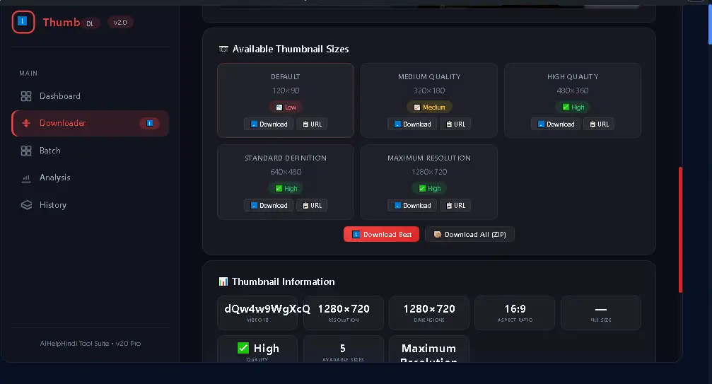 YouTube Thumbnail Downloader में Available Thumbnail Sizes और 1280x720 Maximum Resolution