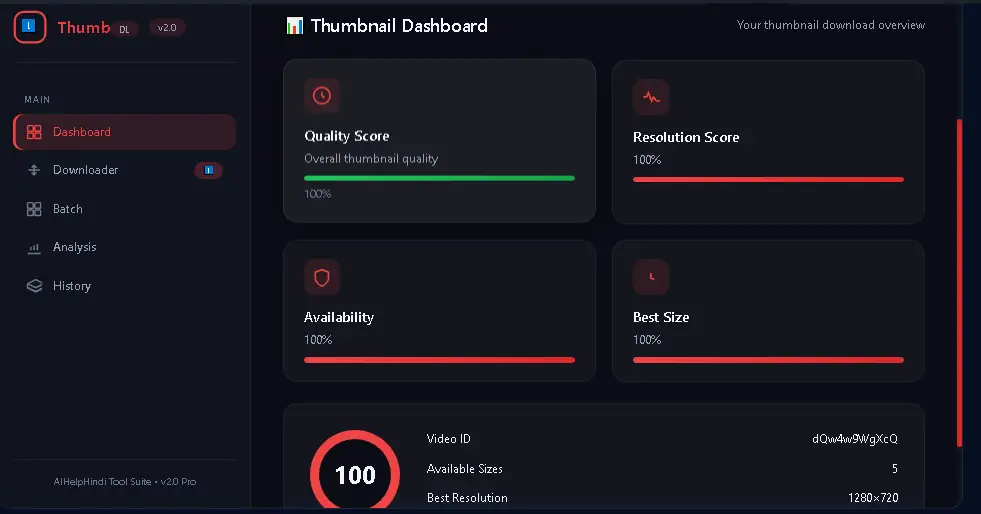 YouTube Thumbnail Downloader Dashboard में Quality और Resolution Score