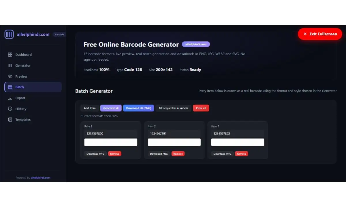 Free online barcode generator tool में एक साथ कई बारकोड बनाने का Batch Generator इंटरफेस