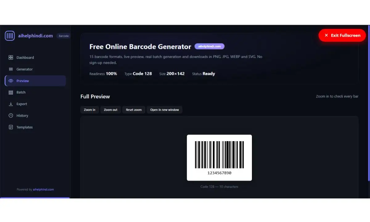Free Online Barcode Generator Tool का मुख्य इंटरफेस जिसमें Barcode Format Data और Size Settings हैं