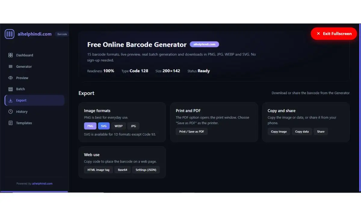 Free Online Barcode Generator Tool के Export सेक्शन में PNG SVG WEBP और JPG डाउनलोड विकल्प
