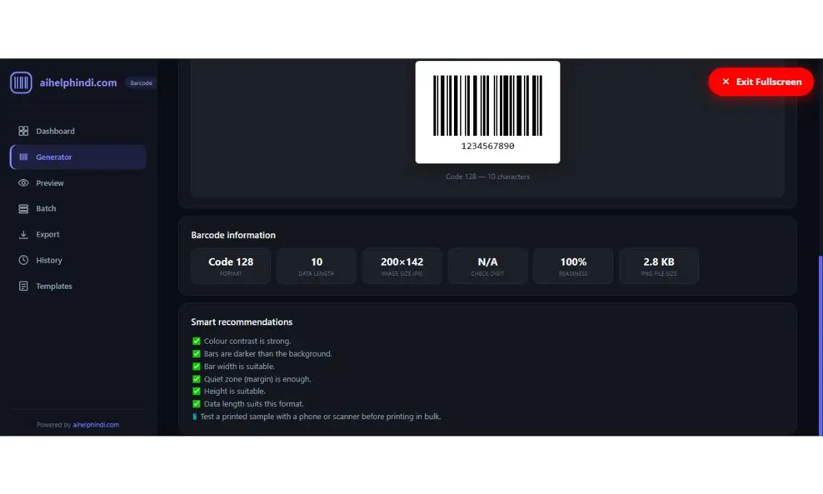 Barcode Generator Tool में तैयार बारकोड का Full Preview और Zoom Controls