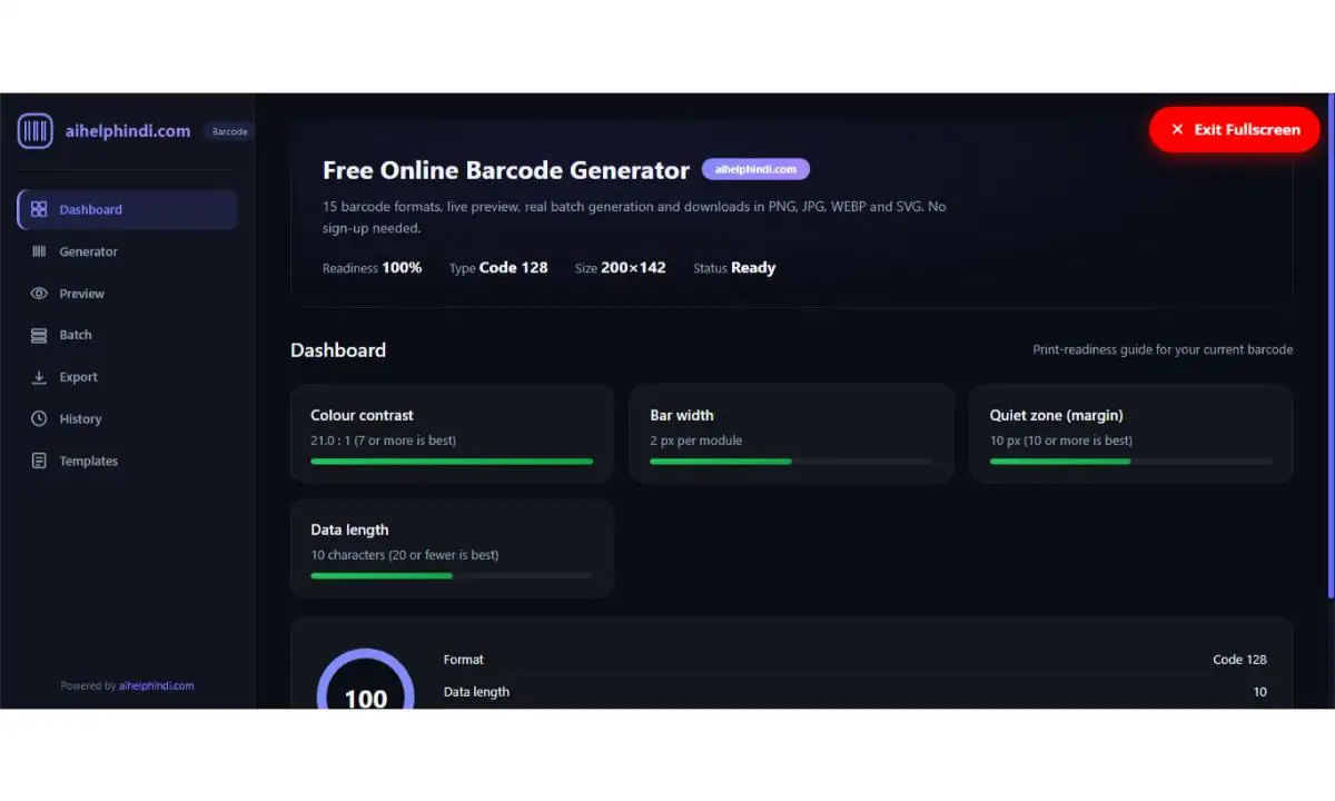 Barcode Generator Tool का मुख्य इंटरफेस जिसमें बारकोड फॉर्मेट, डेटा, रंग और आकार की सेटिंग्स दिखाई गई हैं