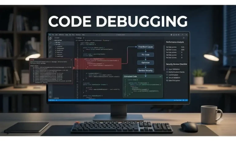 Code debugging prompt showing root cause analysis fixed code and performance optimization