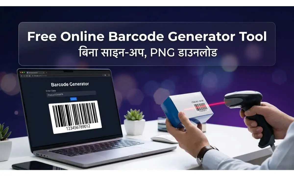 Free Online Barcode Generator Tool से बारकोड बनाते हुए लैपटॉप और प्रोडक्ट स्कैनर