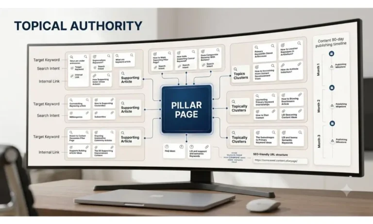 Topical authority SEO strategy with pillar page topic clusters and internal links