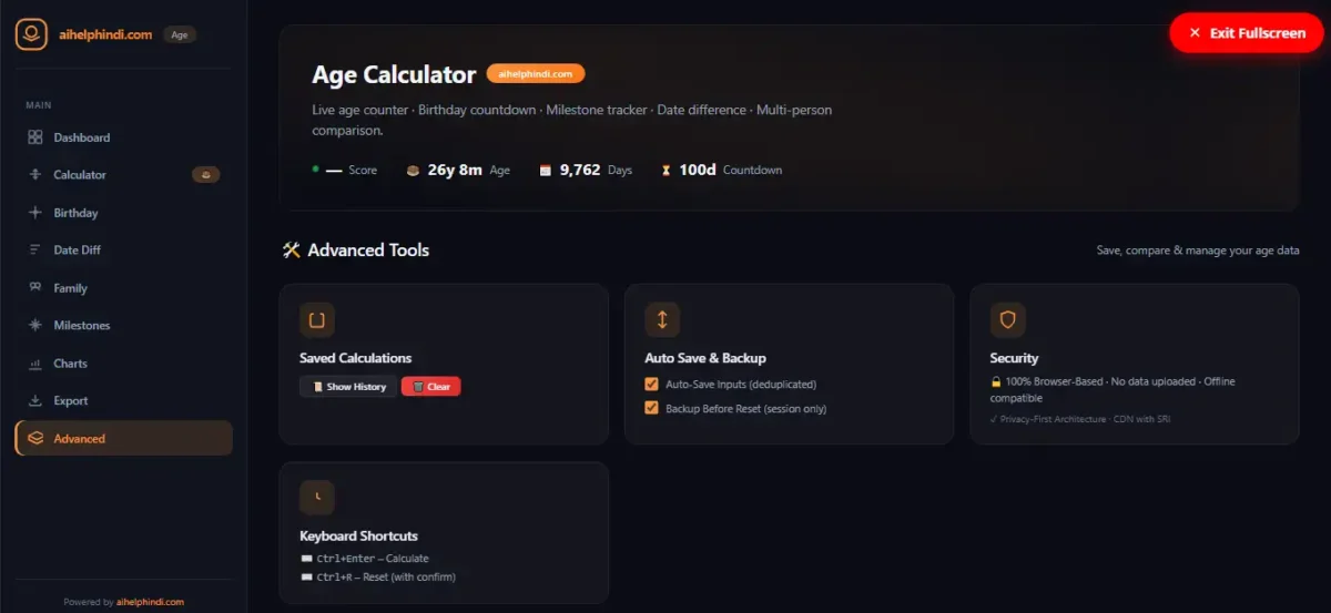 Age calculator advanced tools में saved calculations, auto save और backup विकल्प
