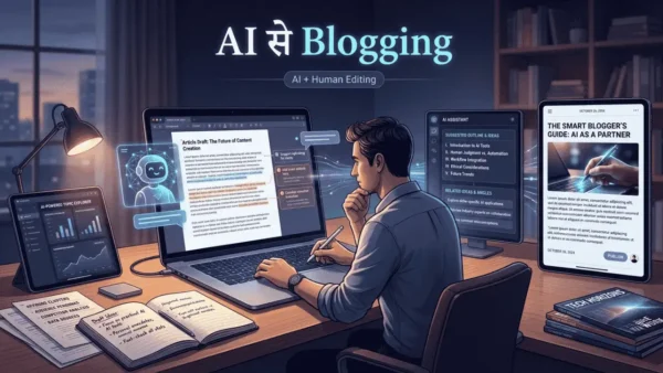 AI assistant की मदद से ब्लॉग का draft तैयार करता हुआ लेखक