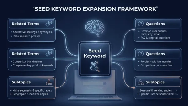 एक seed keyword से related keyword ideas निकालने का उदाहरण