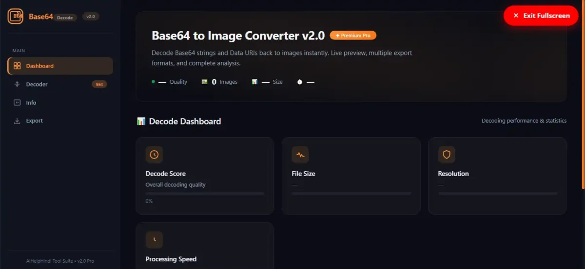 Base64 Image Decoder Dashboard में Decode Score, File Size, Resolution और Processing Speed के statistics cards