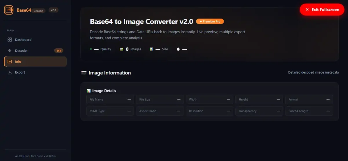 Base64 to Image Converter के Image Information सेक्शन में File Name, File Size, Width, Height, Format, MIME Type और Resolution के fields