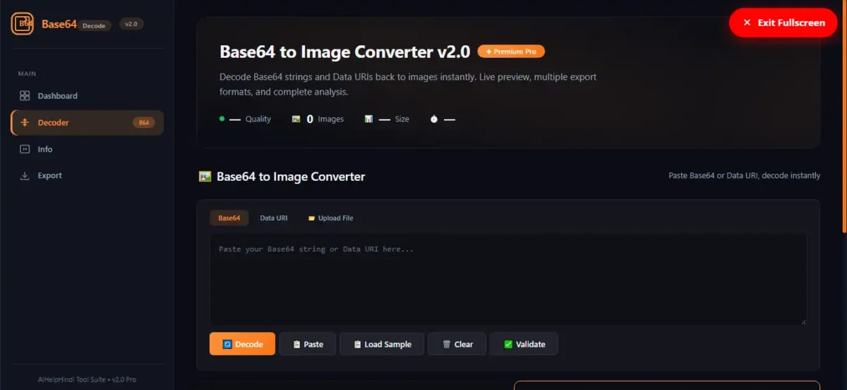 Base64 to Image Converter के Decoder Interface में Base64, Data URI और Upload File विकल्पों के साथ Decode और Validate बटन