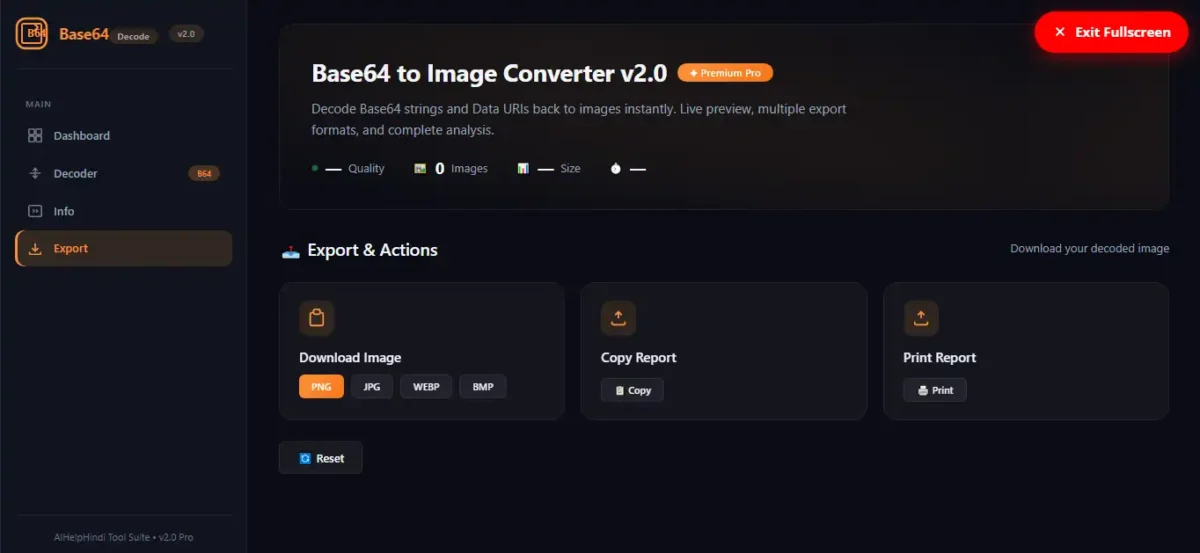 Base64 to Image Converter के Export Panel में PNG, JPG, WebP और BMP Download विकल्पों के साथ Copy Report और Print Report