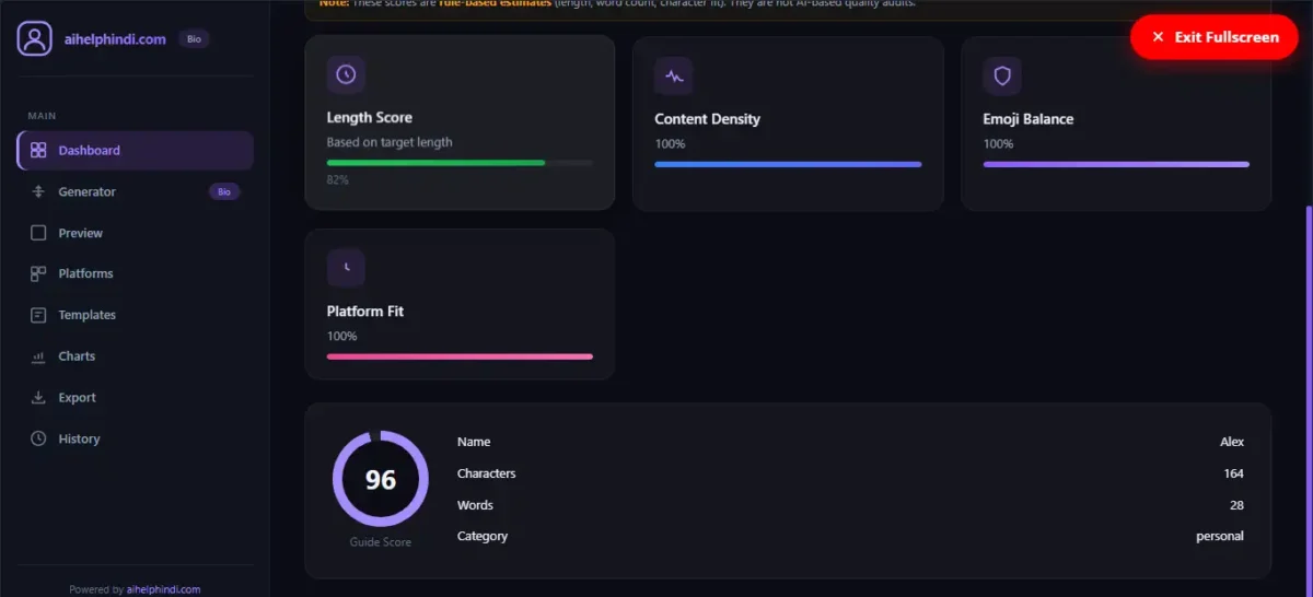 Bio generator dashboard में length score, content density, emoji balance और platform fit के आँकड़े
